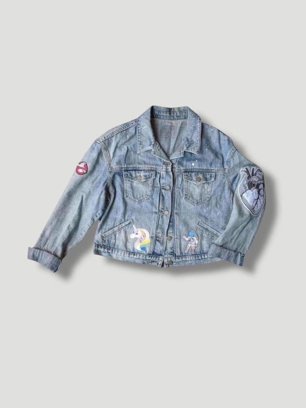 100% Cotton Denim Cropped Distressed Punk Patches Jean Jacket Large Old Navy